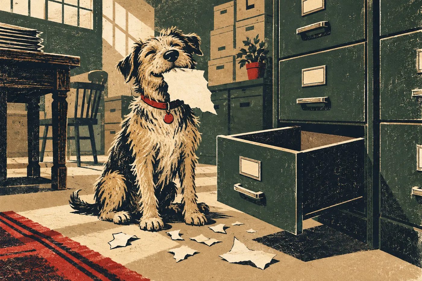 An illustration of a scruffy dog sitting beside an open, empty file drawer with a torn sheet of paper in its mouth and scraps on the floor.
